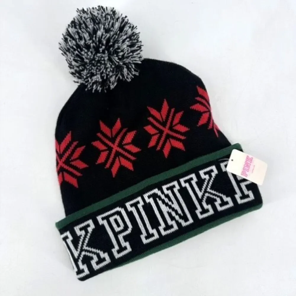 NWT VICTORIA'S‎ SECRET PINK BLACK RED & GREEN POM POM COZY BEANIE HAT ONE SIZE